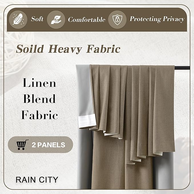 RAIN CITY 104 Inch Long Linen Blended Blackout Curtains 2 Panels Set,Custom Length Back Tab Pleated Look Drapes with Hooks,Linen Textured Window Curtains for Living Room Bedroom,50x104 in Long,Linen