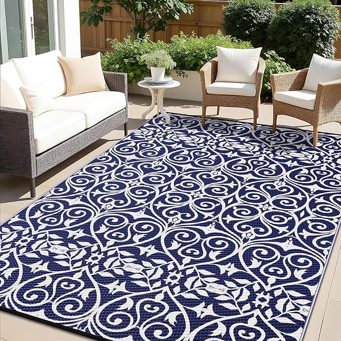 OLANLY Outdoor Rug Waterproof 6x9 ft Clearance, Reversible Outdoor Plastic Straw Rug with Floral Pattern, RV Mat for Patio, Camping, Balcony, Deck, Backyard, Navy & White
