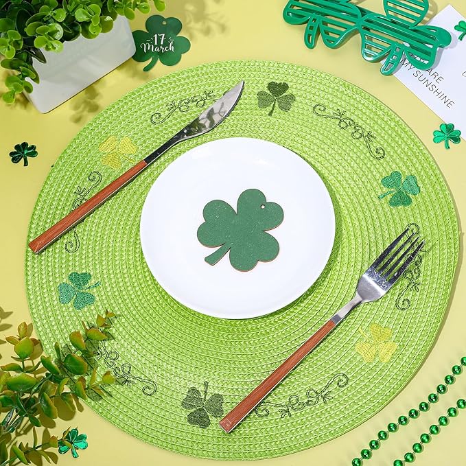 Whaline 4Pcs Round St. Patrick's Day Placemats Embroidered Shamrock Place Mats Green Clover Dinner Table Mats for Home Spring Irish Holiday Birthday Party Decor