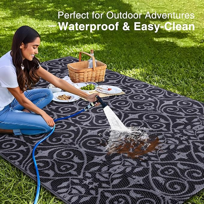 OLANLY Outdoor Rug Waterproof 5x8 ft Clearance, Reversible Outdoor Plastic Straw Rug with Floral Pattern, RV Mat for Patio, Camping, Balcony, Deck, Backyard, Black & Grey