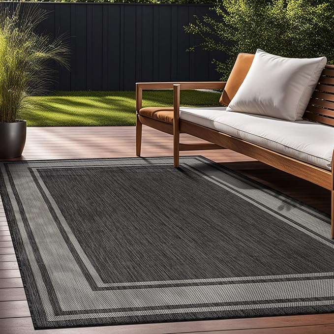 Beverly Rug Large Outdoor Rug 9x12 Modern Bordered Area Rugs for Indoor and Outdoor Patio Deck Porch Garden Waterproof Weather Sun Resistant Washable Outside Carpet (9 x 12 Dark Gray)