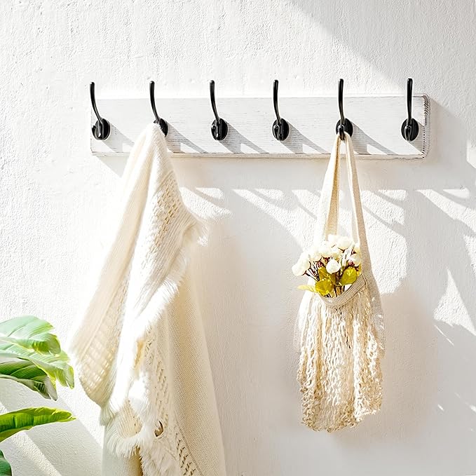 Dseap Wall Mounted Coat Rack: 24" Long, Patented, Heavy-Duty, 6-Double-Hooks Wooden Hanger Rail for Winter Coats, Hat, Jacket, Clothing - White & Black, Pack of 2