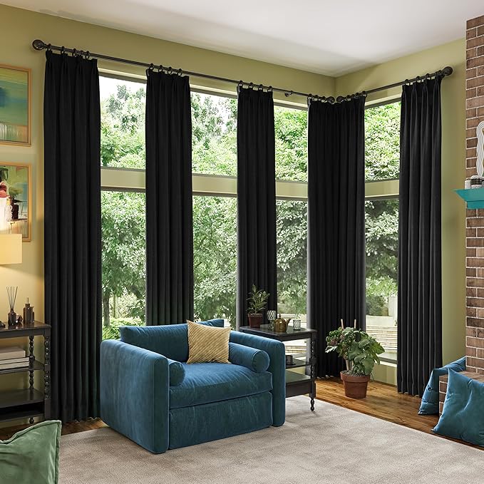 RAIN CITY Black Blackout Curtains 92 Inches Long, Textured Linen Blend Black Out Custom Made Pleated Look Curtains with Hooks Window Drapes for Bedroom Living Room-50x92-inch 2 Panels Set