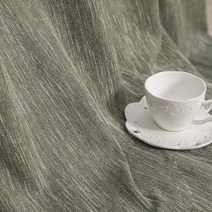 MYSKY HOME 95 Inch Curtains Farmhouse Light Filtering Privacy Curtain Drapes for Patio Door Living Room, Linen Look Texture Fabric Bohemian Draperies Soft Touch, 50x95, Olive Green, 2 Panels