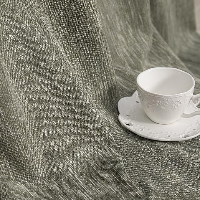 MYSKY HOME Short Curtains for Bedroom Semi Sheer Light Filtering Privacy Drapes for Small Window Linen Look Textured Boho Home Decor Backdrop Curtain for Parties, 50" x 63", Olive Green, 2 Panels