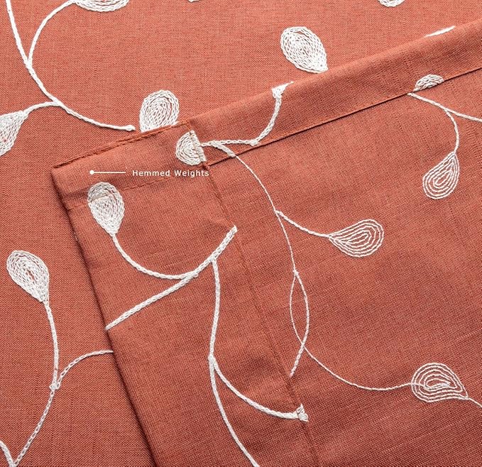 MIUCO Floral Embroidered Semi Sheer Curtains Faux Linen Extra Wide Grommet Window Panel Pair for Bedroom 52 x 95 Inch, Rust