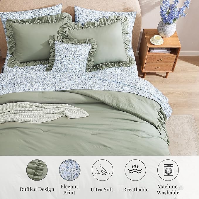 King Comforter Set - 7 Pieces Ruffle Sage Green Bedding Sets, Shabby Chic Farmhouse Bed in a Bag King with Ruffle Comforter, Floral Sheets, Pillowcases & Shams