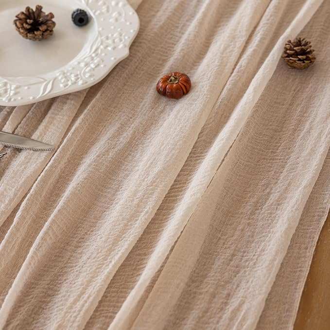 Beige Gauze Rustic Cheesecloth Table Runner 120 Inch 10 FT for Wedding Baby Shower Bridal Shower Birthday Engagement Garden Outdoor Party Long Sheer Boho Decorations