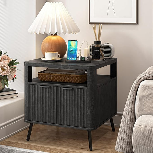 Nightstand with Charging Station, 24" End Table Side Table with Open Shelf, Modern Large Wood Fluted Bedside Cabinet for Bedroom, Living Room, Black
