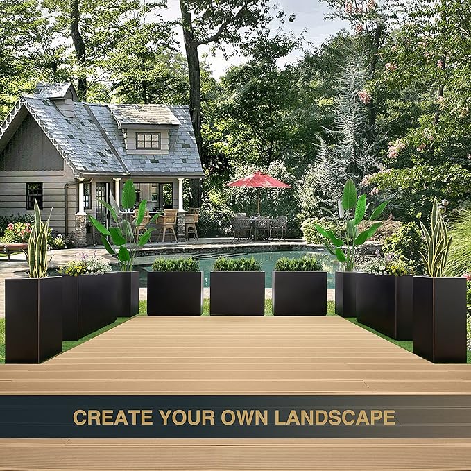 Metallic Heavy Planter for Outdoor Plants, 14Lx14Wx30H Inches, Tall Metal Planter Box with Hand Brushed Gold Edge for Outside & Indoor, 25 Pounds, No Assembly and Seamless, Set of 2 (Black)