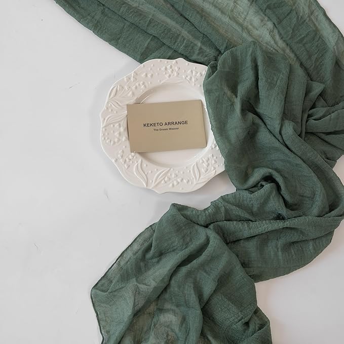 3Pcs Forest Green Gauze Rustic Cheesecloth Table Runner 120 Inch 10 FT for Wedding Baby Shower Bridal Shower Birthday Engagement Garden Outdoor Party Long Sheer Boho Decorations