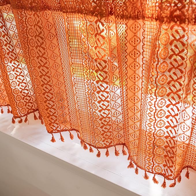 Sutuo Home Terracotta Boho Curtains Crochet Sheer Bohemian Hollow Knitted with Tassels, Valance Short Tier Privacy Vintage Rustic Farmhouse Drapes for Kitchen, Rod Pocket 1 Panel 59" W x 24" L, Orange