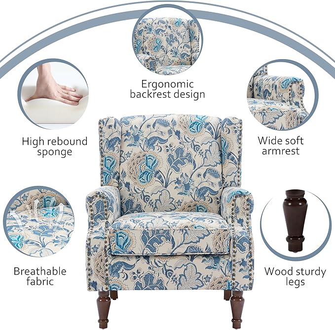Lumibee Wingback Accent Chair, 2 Set High Back Floral Armchairs in Fabric,Comfy Upholstered Reading Single Sofa Chairs with Solid Wood Legs for Living Room,Bedroom,Office-Boho Blue