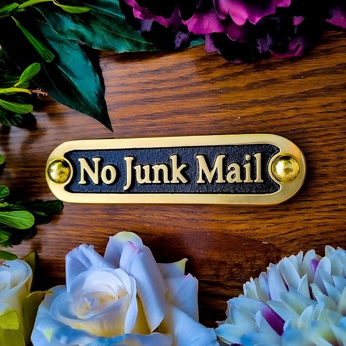 No Junk Mail Metal Brass Door Sign. Traditional Style Home Décor Wall Plaque Handmade By The Metal Foundry UK.