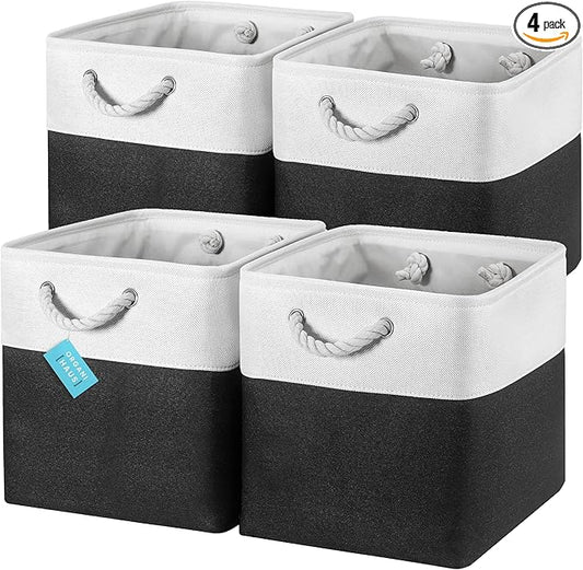 OrganiHaus 13x13 Cube Storage Bins 4 Pack, Foldable Cube Storage Organizer w/ Rope Handles, Collapsible Fabric Bins for Toys, Clothes & Closet Organization, Fabric Square Baskets - Black/White