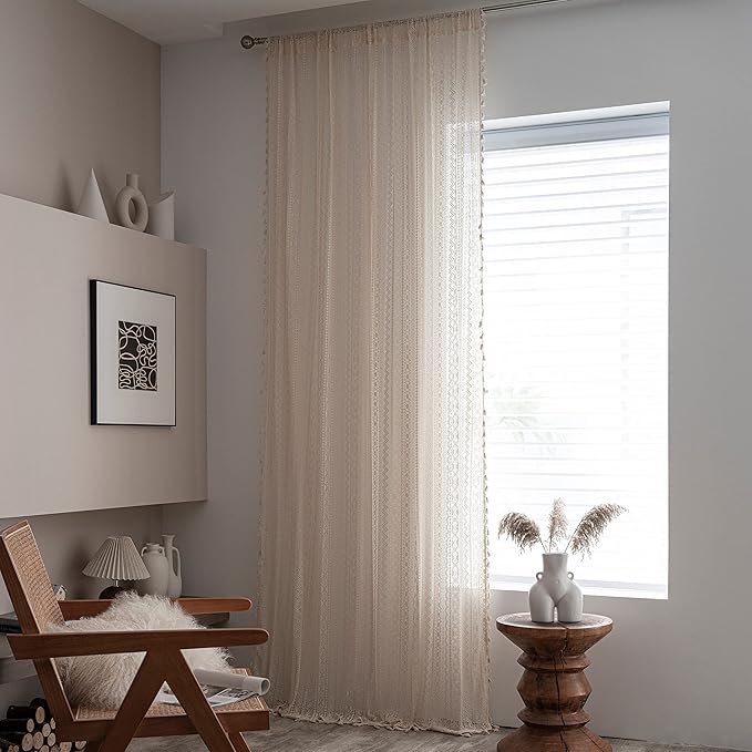 Sutuo Home Crochet Boho Curtain 96 Inches Length, Sheer Lace Handmade Tassels Knitted Window Treatment Vintage Rustic Bohemian Farmhouse Drape for Bedroom Rod Pocket 1 Panel 59" W x 96" L, Beige Wave