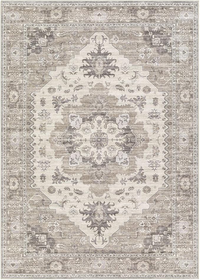 Washable Area Rugs for Living Room -8x10 Neutral Vintage Distressed Floral Farmhouse Boho Large Soft Floor Rug Indoor Non Slip Carpet for Living Room Bedroom Dining Room Office-Brown/Beige