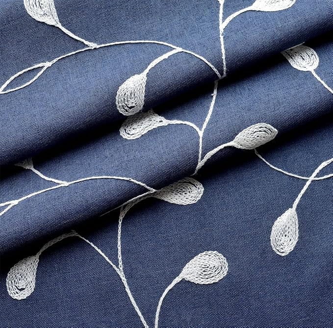 MIUCO Floral Embroidered Semi Sheer Curtains Faux Linen Grommet Curtains for Bedroom 52 x 84 Inch 2 Panels, Navy Blue