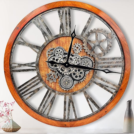 The B-Style Large Wall Clock 36 inch Moving Gear Wall Clock Oversized Vintage Farmhouse Wall Clocks for Living Room Decor Rustic Industrial Wood Clock (Brown and Bronze)