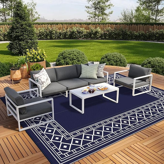 GENIMO Outdoor Rug Waterproof Area 10'x14' for Patio, Foldable Reversible Plastic Straw Carpet for Travel Trailers, Outside Mat for Rv, Deck, Picnic, Porch, Camper, Balcony, Beach, Blue & White