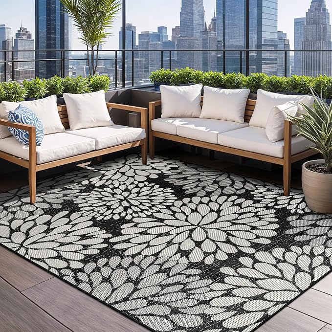 Beverly Rug Outdoor Rug 5x7 Modern Exotic Tropical Leaf Area Rugs for Indoor and Outdoor Patio Deck Porch Garden Water Resistant Washable Outside Carpet (5 x 7 Dark Gray)