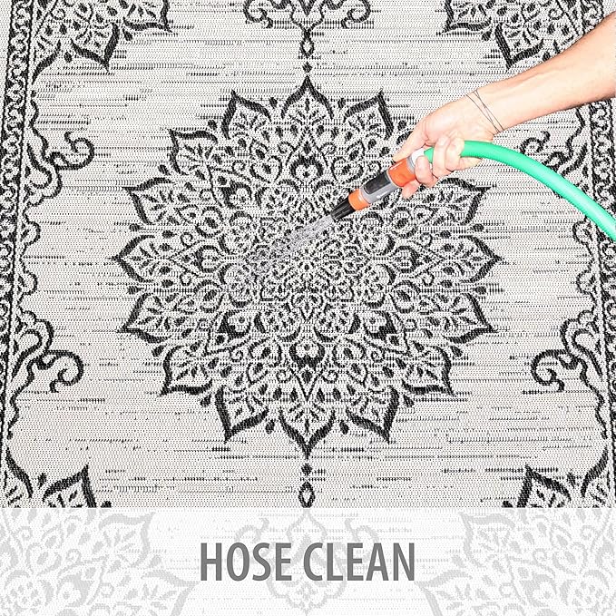 CAMILSON Outdoor Rug, 5x7 Medallion White Black Modern Area Rugs for Indoor and Outdoor Patios, Kitchen and Hallway Mats, Washable Porch Deck Outside Carpet (Medallion White, 5 x 7)