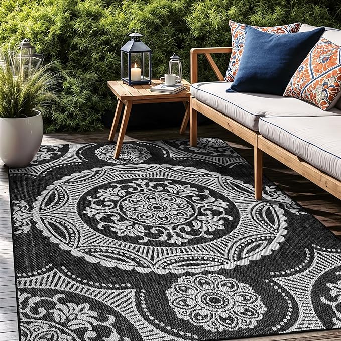 Medallion Outdoor Rug 8x10 Washable Outside Carpet for Indoor Patio Porch Waterproof Easy Cleaning Non Shedding Area Rugs Black 8 x 10