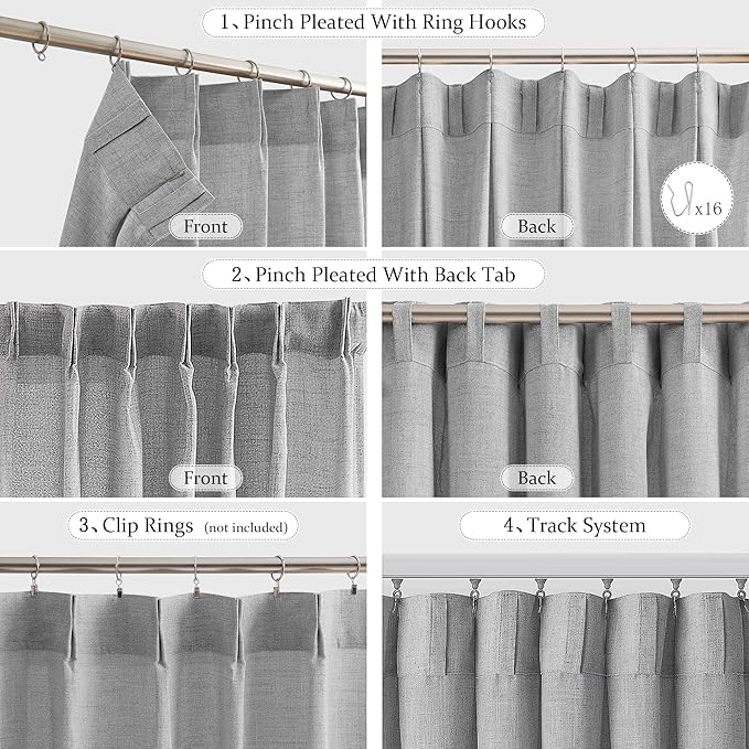 FMFUNCTEX Pinch Pleated Curtains 96 Inches Long for Living Room, Dove Grey Semi Sheer Faux Linen Textured Pleat Drapes for Bedroom with Hooks, Light Filtering Farmhouse Window Drapes 2 Panels