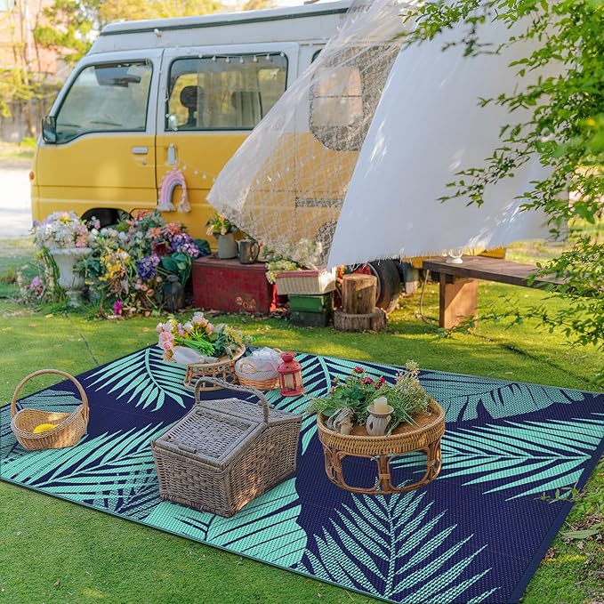 GENIMO Outdoor Rug 5' x 8' Waterproof for Patios Clearance, Reversible Outdoor Plastic Straw Camping Rug Carpet, Large Area Rugs Mats for RV, Camper, Deck, Balcony, Porch, Beach, Navy Blue&Jade Green