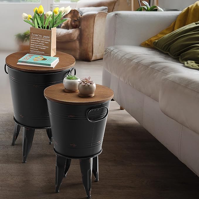 Rustic Storage Farmhouse Accent Side Table, Antique Galvanized Metal End Coffee Cocktail Table Box Bin with Round Wooden Lid Set of 2 (Black)