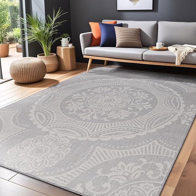 Medallion Outdoor Rug 6x9 Washable Outside Carpet for Indoor Patio Porch Waterproof Easy Cleaning Non Shedding Area Rugs Gray 6 x 9