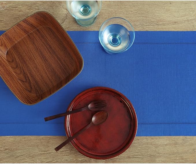 Solino Home Linen Royal Blue Table Runner 60 Inches - Classic Hemstitch, 100% Pure Linen Coffee Table Runner 14 x 60 Inch Ideal for Dresser Tables