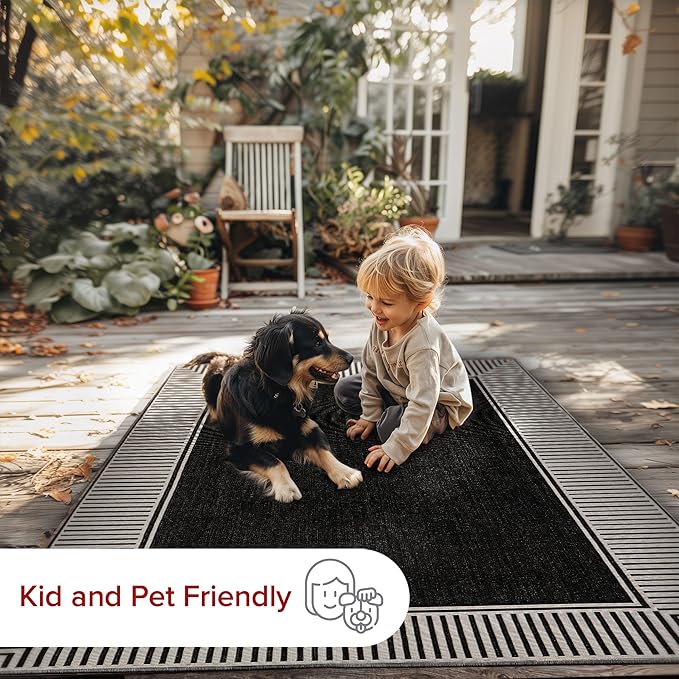 nuLOOM 5' x 8' Outdoor Area Rug, Casual Design With Striped Border, Stain Resistant, Highly Durable, For Patio, Balcony, Bedroom, Living Room, Dining Room, Bathroom, Black