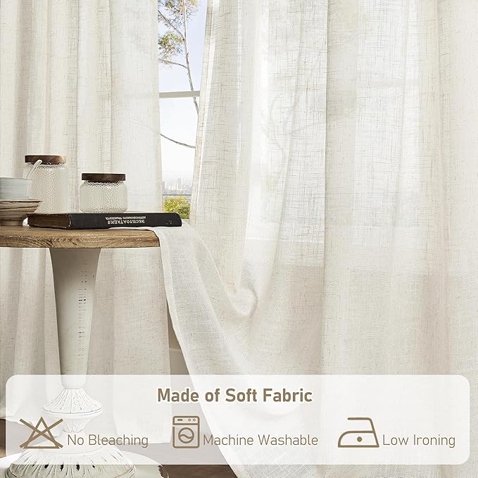 LAMIT Cream Linen Curtains 90 Inch Long 2 Panels Set for Bedroom Living Room, Soft Thick Bronze Grommet Window Drapes Semi Sheer Light Filtering Panels Farmhouse, 52 x 90 Inch, Cream Ivory