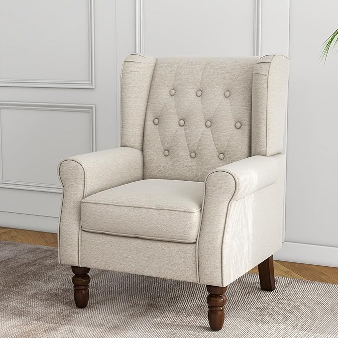 Lumibee High Back Accent Chair,Upholstered Wingback Armchair with Solid Wood Legs for Small Spaces,Comfy Single Sofa Chair for Living Room,Bedroom,Office-Beige
