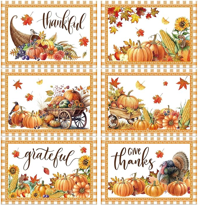 Thanksgiving Placemats Set of 6 Thanksgiving Day Plastic Table Mats Welcome Fall Place Mats Washable Vinyl Rustic Holiday Table Decoration for Indoor Outdoor Autumn Party Kitchen Dining