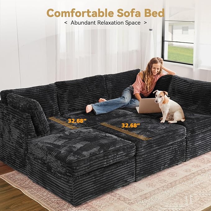Modular Sectional Sofa with Chaise U Shaped Sectional Couch for Living Room, 7-Seater Comfy Cloud Couches with One Movable Ottoman, Plush Corduroy, Black