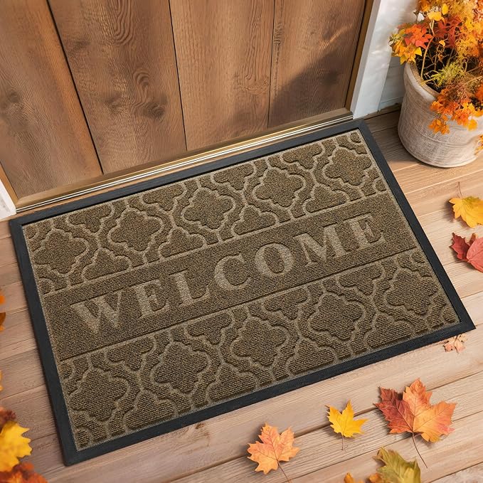 Yimobra Welcome Mat Outdoor Indoor, All-Season Waterproof Front Door Mat Outside Entrance, All-Weather Heavy Duty Non-Slip Doormat, Low Profile Porch Patio Entrance Mats, 36x24, Coffee