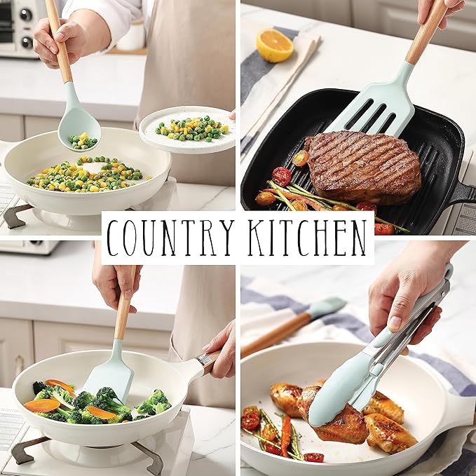 Country Kitchen Non Stick Silicone Utensil Set with Rounded Wood Handles for Cooking and Baking, 38 Piece Set, Mint