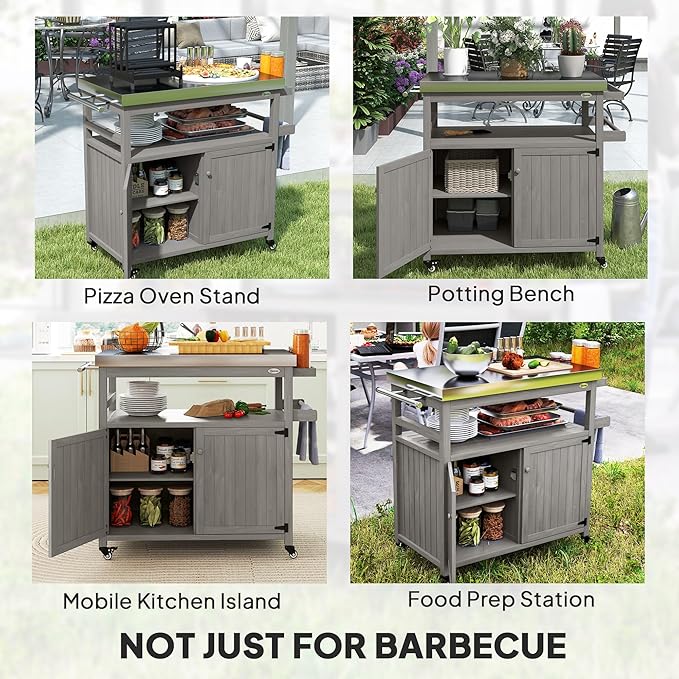 Outsunny Outdoor Grill Cart with Wheels and Storage, Solid Wood Outdoor Kitchen Island with Stainless Steel Top, Movable Bar Cart with Spice Rack, Side Handle, Integrated Hole for BBQ, Gray