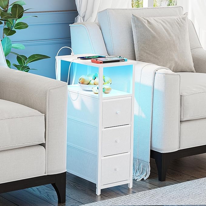 TUTOTAK Narrow LED Night Stand with Charging Station, Slim End Table with Plugins, Tall Side Table with 3 Fabric Drawer, Small Bedside Table with Storage, Set of 2, for Living Room, White TB01BW073L