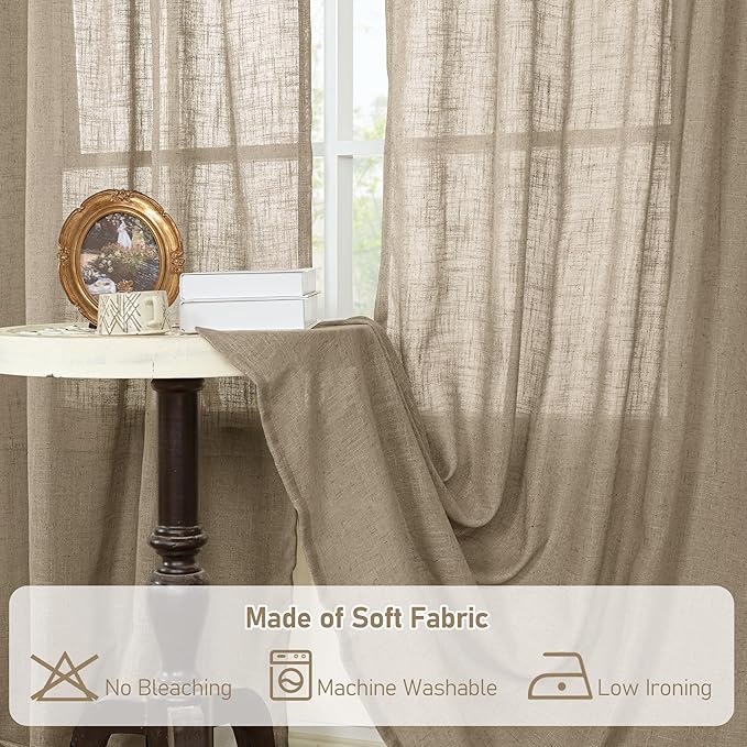 LAMIT Taupe Linen Sheer Curtains 54 Inches Long, Light Filtering Panels Bronze Grommet Country Decor Drapes for Bathroom/Window/Bedroom, 2 Panels Set, 52 x 54 Inch