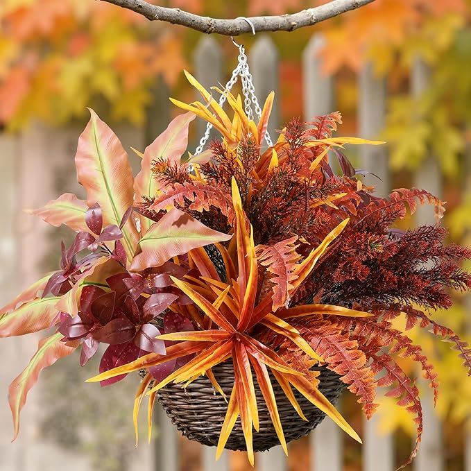 Artificial Fall Plant Large Bunches Greenery Plants Fake Plastic Leaves with Stems UV Resistant Outside Faux Plants Bushes for Autumn Outdoor Patio Garden Front Porch Yard Decor (Fall Color)