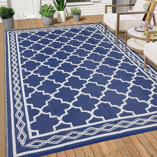 GAOMON Outdoor Plastic Straw Rug, 10'x20' Reversible Sage Green Patio Mat, Flower Modern Design for RV, Backyard, Deck, Camping, Picnic, Navy/White(Geometric)
