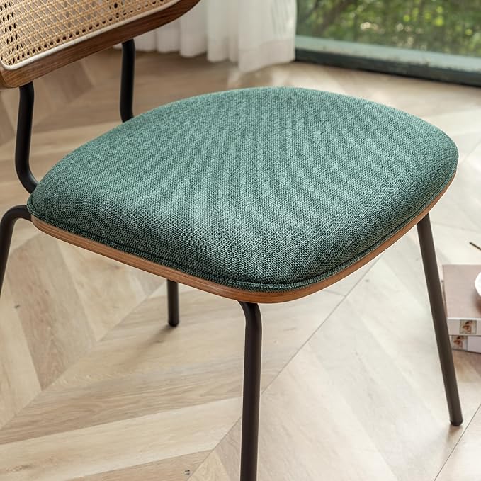 Rattan Dining Chairs Set of 4, Mid Century Modern Dining Chairs with Cane Back for Kitchen Dining Room, 19 Inch Fabric Green