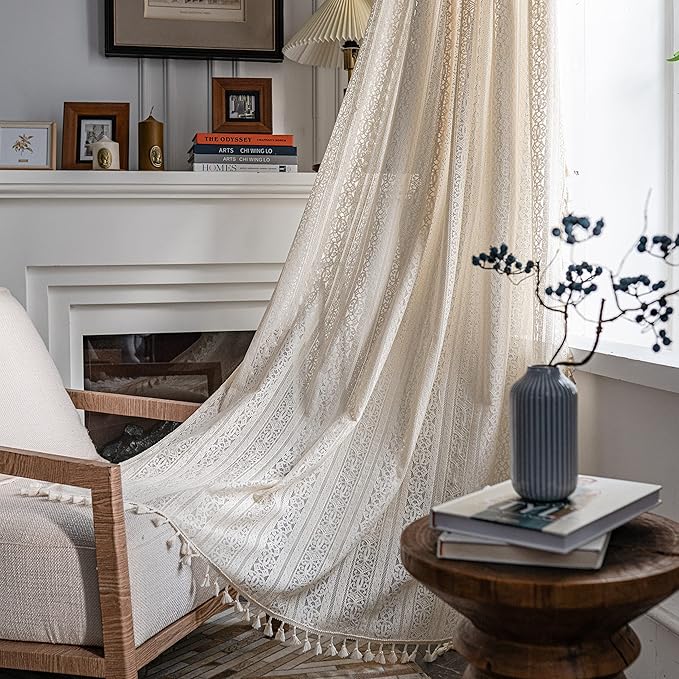 Sutuo Home Boho Curtain Crochet Lace Semi-Sheer Florals Hollow Knitted Handmade Tassels, Rod Pocket Window Treatment Vintage Rustic Farmhouse Drapes for Living Bedroom, 1 Panel 59" W x 84" L, Beige