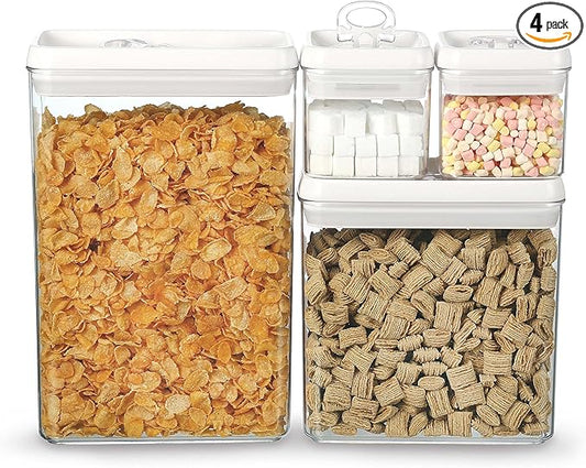 Felli Flip Tite Storage Container with Lid 4" RECTANGULAR Air Tight Ring Flip Top, Stackable Acrylic Canister for Kitchen Counter Pantry, Cereal Granola Pasta Spice, Gift Set for Women (4pk, Variety)