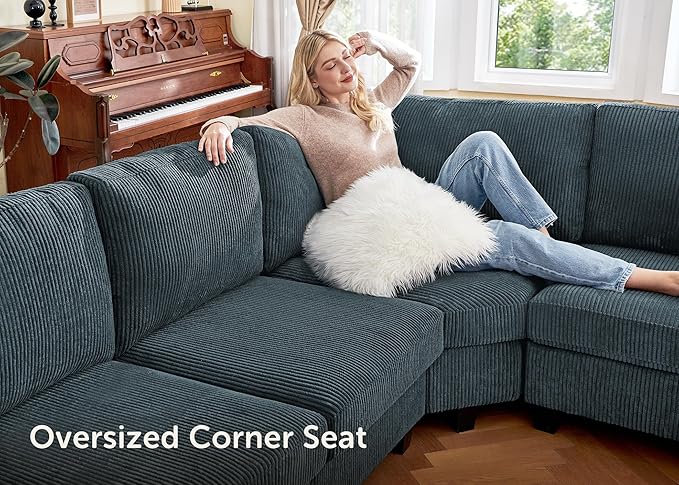 Nolany Modular Sectional Couch with Storage Ottoman, Corduroy Sectional Sofa with Chaise, U Shape Sectional Couches for Living Room, Blue