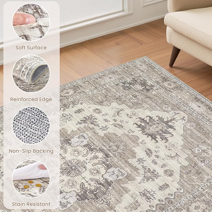 Washable Area Rugs for Living Room -8x11 Neutral Vintage Distressed Floral Farmhouse Boho Large Soft Floor Rug Indoor Non Slip Carpet for Living Room Bedroom Dining Room Office-Brown/Beige