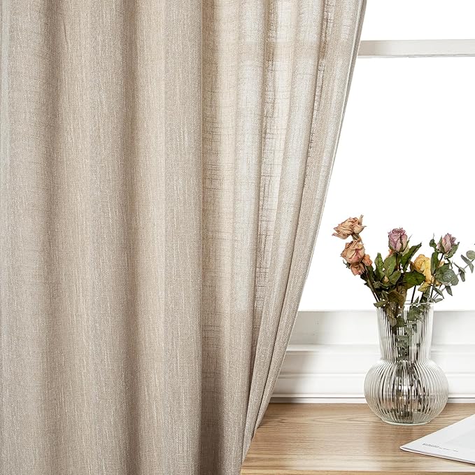 MYSKY HOME Curtains for Kitchen Windows, Sheer Curtains 63 Inch Length for Girls Bedroom Boho Linen Look Textured Fabric Soft Touch Light Filtering, 50" Wide, Light Oatmeal, Set of 2